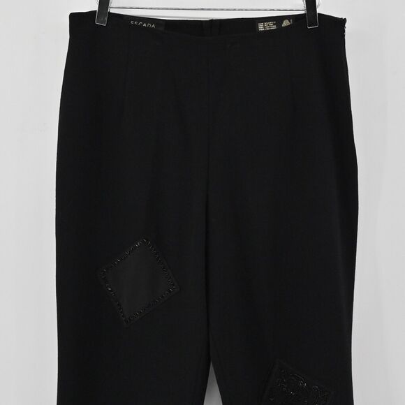 ESCADA Pants Womens Sz 42 Black Wool Beaded Silk Patchwork High Rise Tapered Leg - Picture 2 of 15
